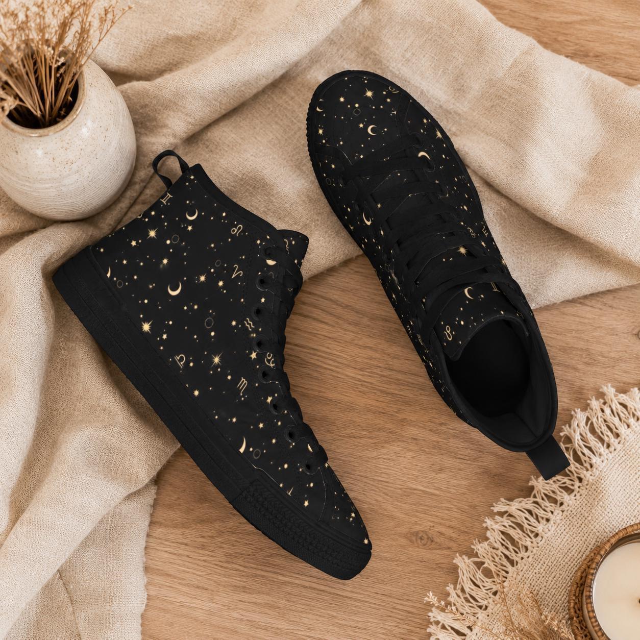 Celestial High Top Sneakers, Black Moon Star Zodiac Print Canvas Shoes