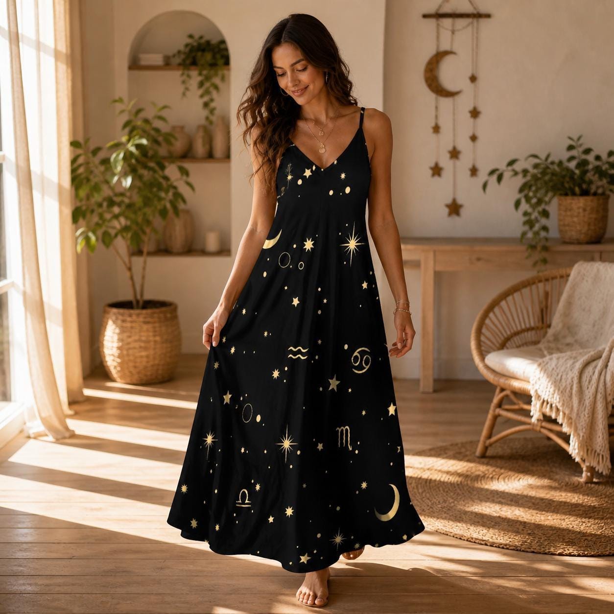 Celestial Zodiac Maxi Dress, Black Moon Star Boho Slip, Mystical Summer Festival Outfit