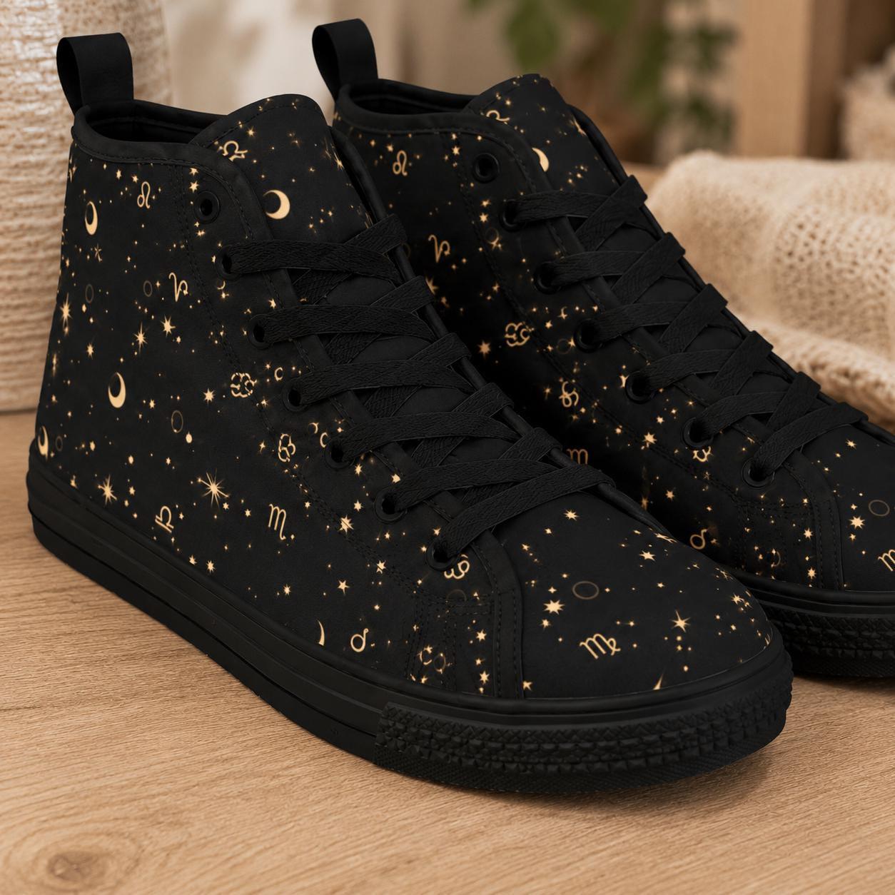Celestial High Top Sneakers, Black Moon Star Zodiac Print Canvas Shoes