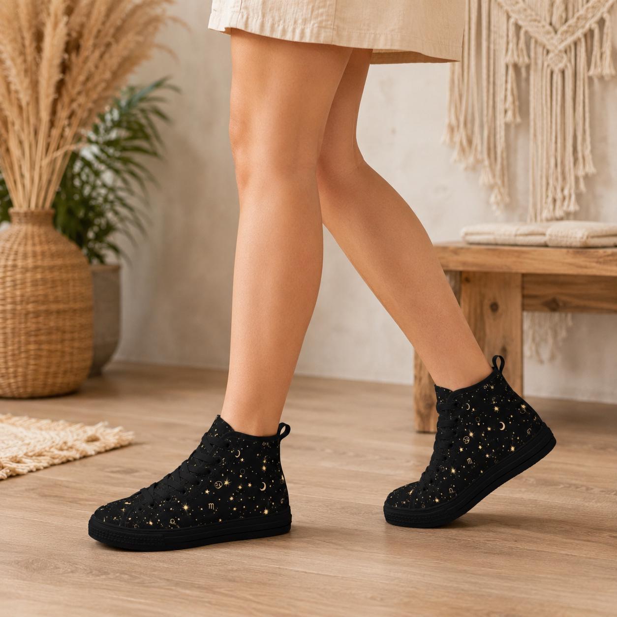 Celestial High Top Sneakers, Black Moon Star Zodiac Print Canvas Shoes