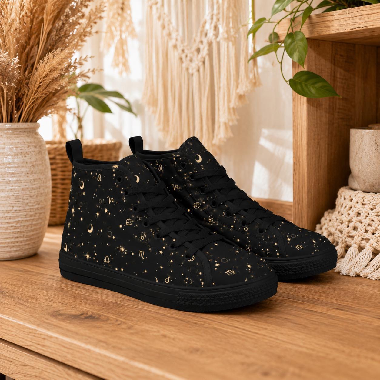 Celestial High Top Sneakers, Black Moon Star Zodiac Print Canvas Shoes