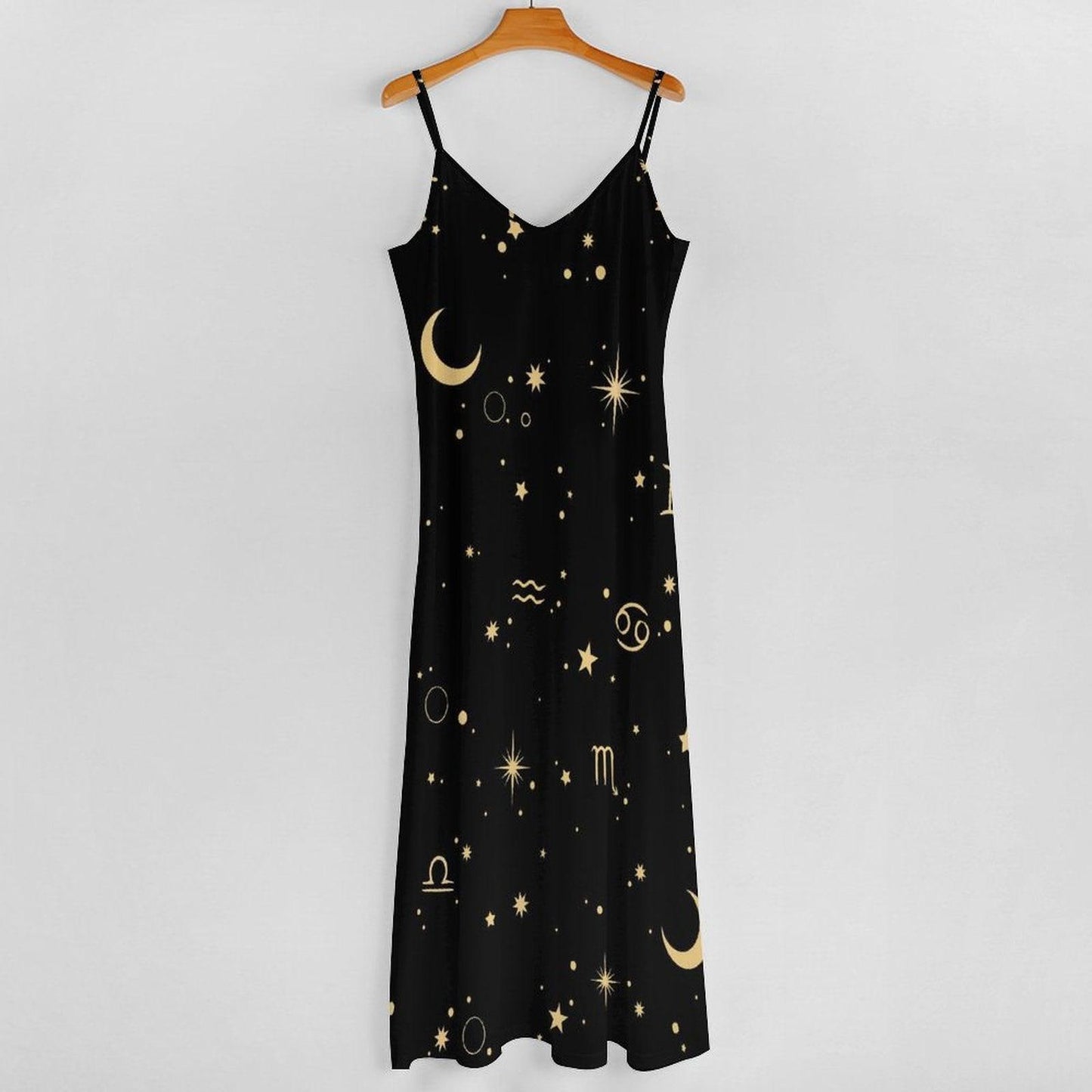 Celestial Zodiac Maxi Dress, Black Moon Star Boho Slip, Mystical Summer Festival Outfit