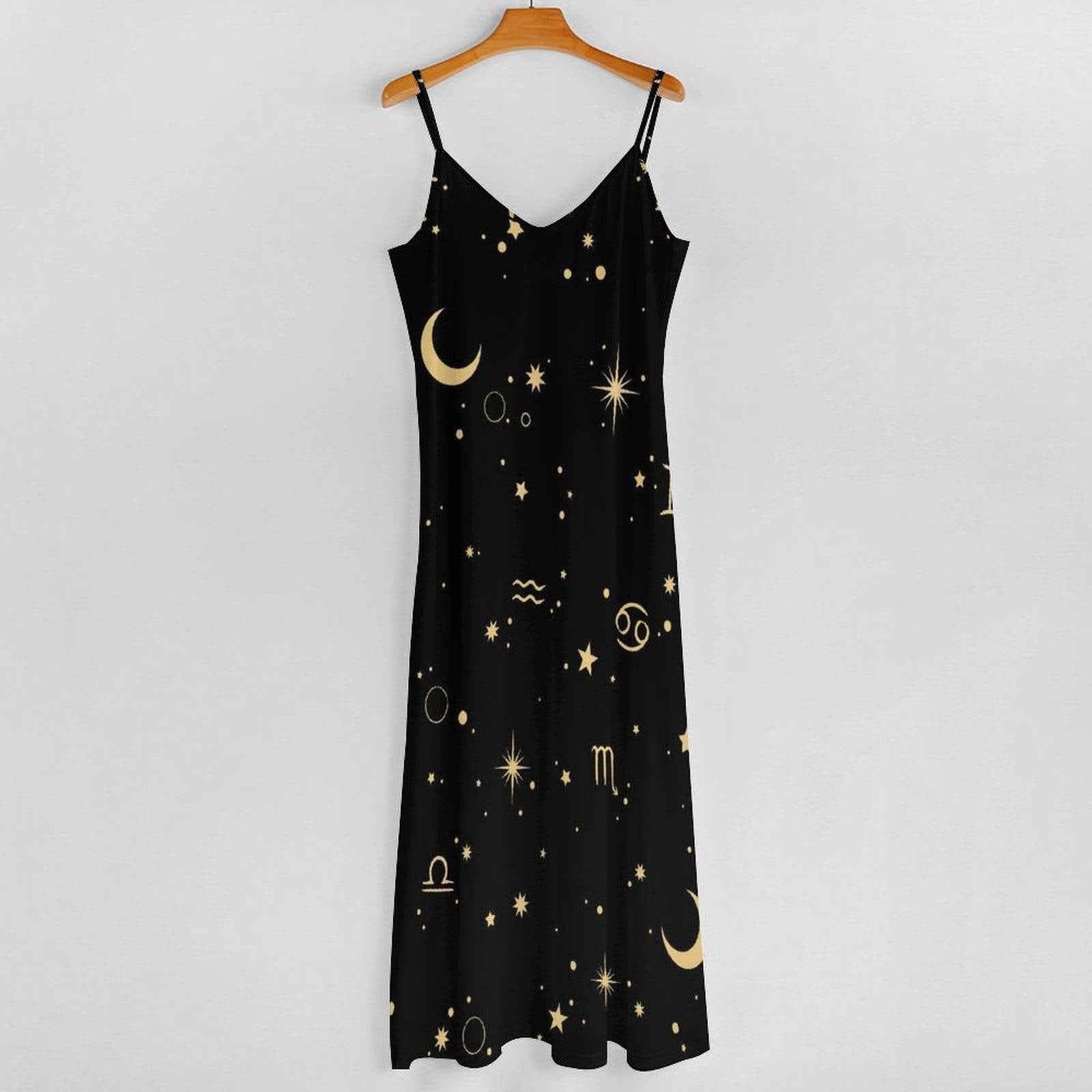 Celestial Zodiac Maxi Dress, Black Moon Star Boho Slip, Mystical Summer Festival Outfit