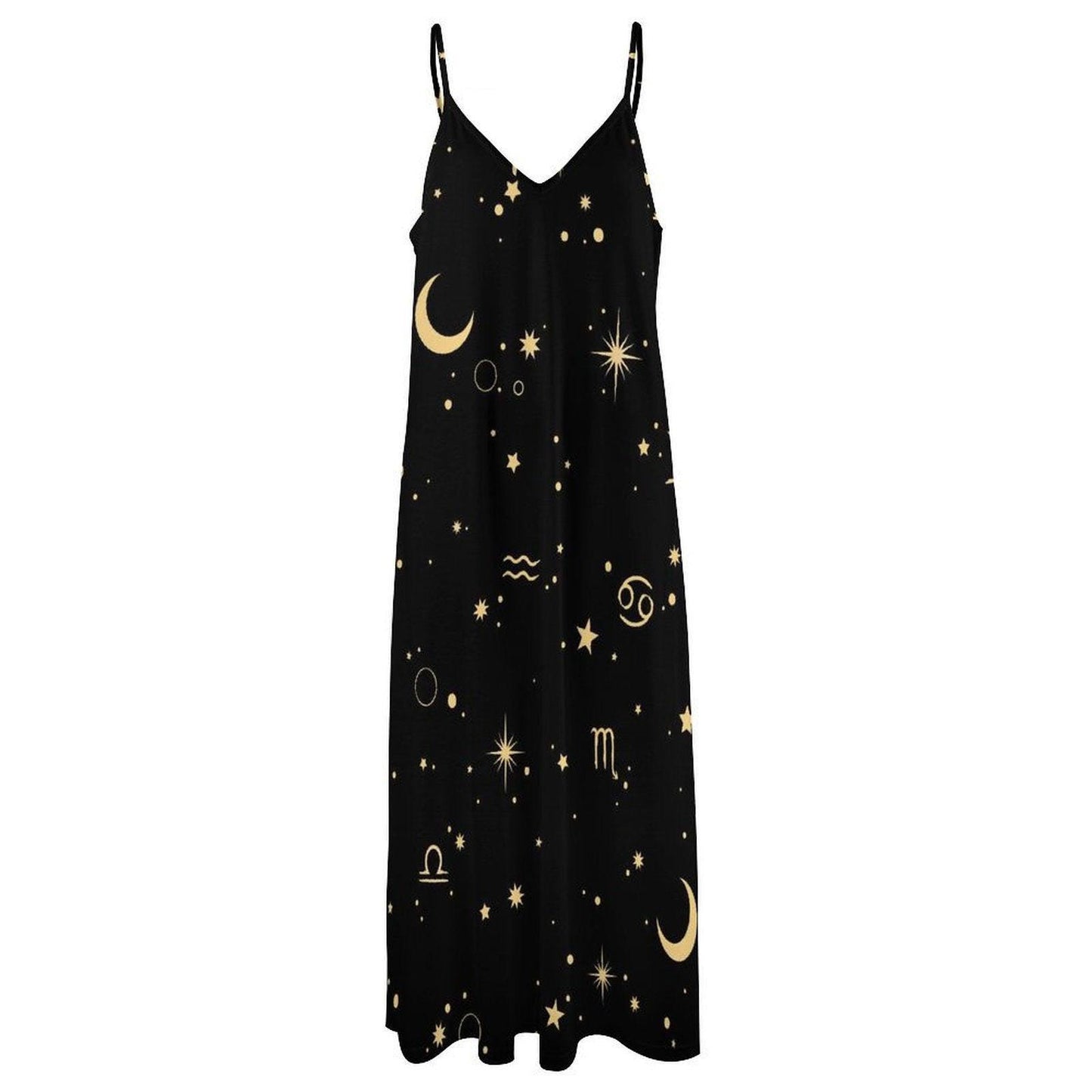 Celestial Zodiac Maxi Dress, Black Moon Star Boho Slip, Mystical Summer Festival Outfit