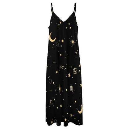 Celestial Zodiac Maxi Dress, Black Moon Star Boho Slip, Mystical Summer Festival Outfit