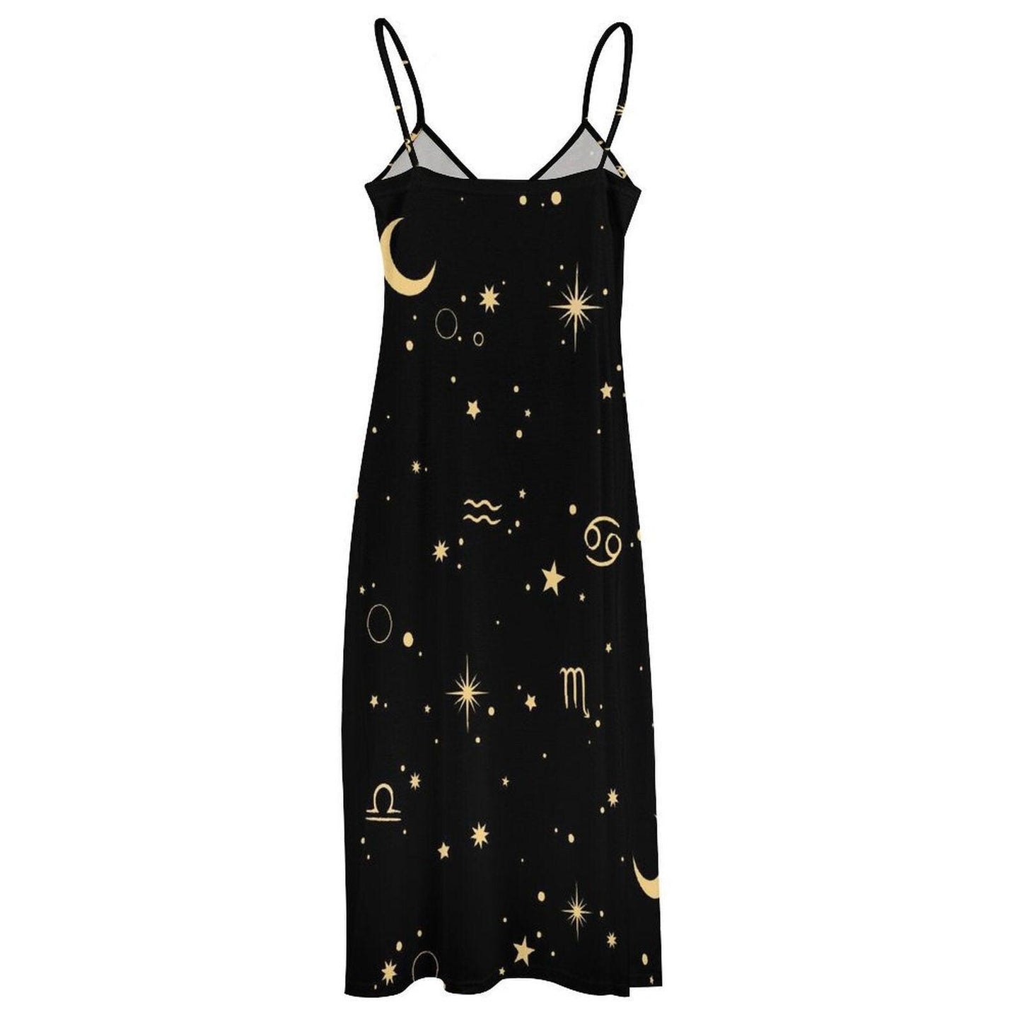 Celestial Zodiac Maxi Dress, Black Moon Star Boho Slip, Mystical Summer Festival Outfit