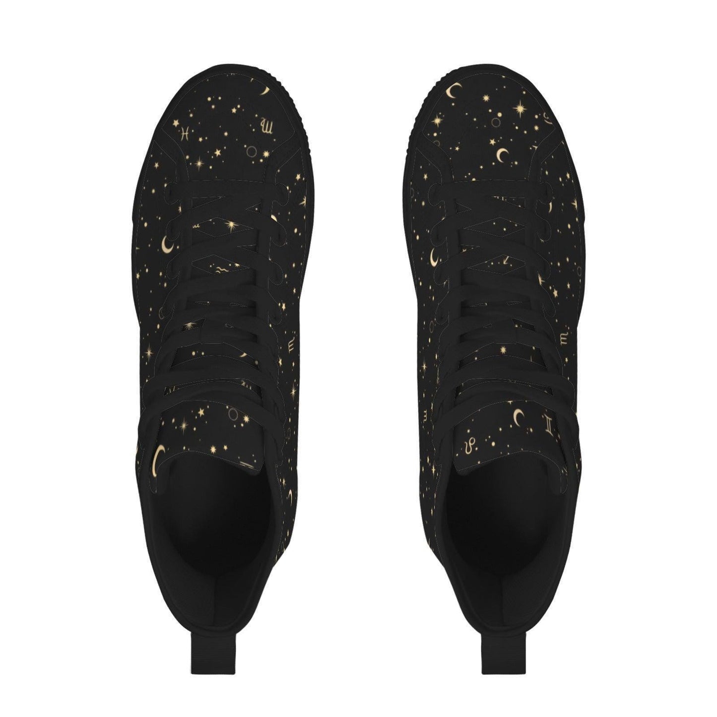 Celestial High Top Sneakers, Black Moon Star Zodiac Print Canvas Shoes
