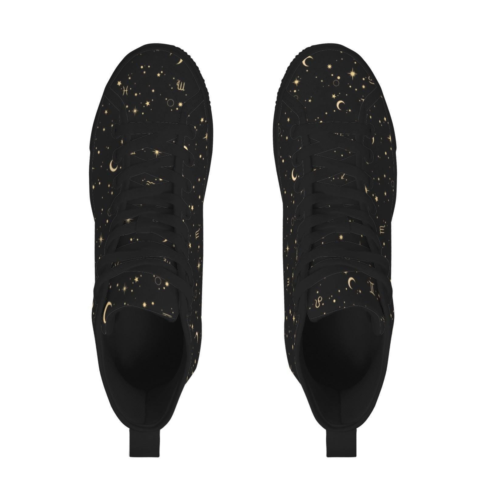 Celestial High Top Sneakers, Black Moon Star Zodiac Print Canvas Shoes