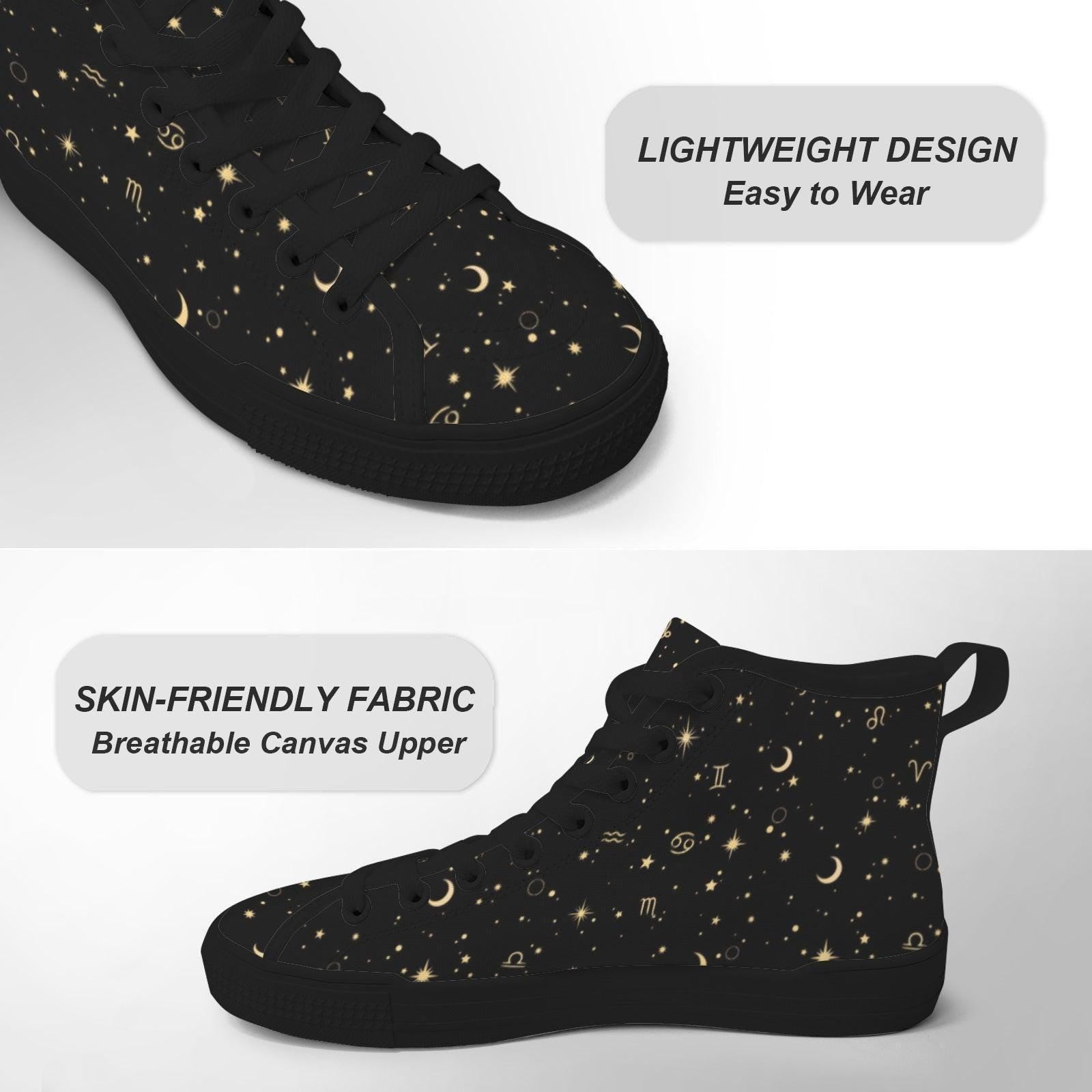 Celestial High Top Sneakers, Black Moon Star Zodiac Print Canvas Shoes
