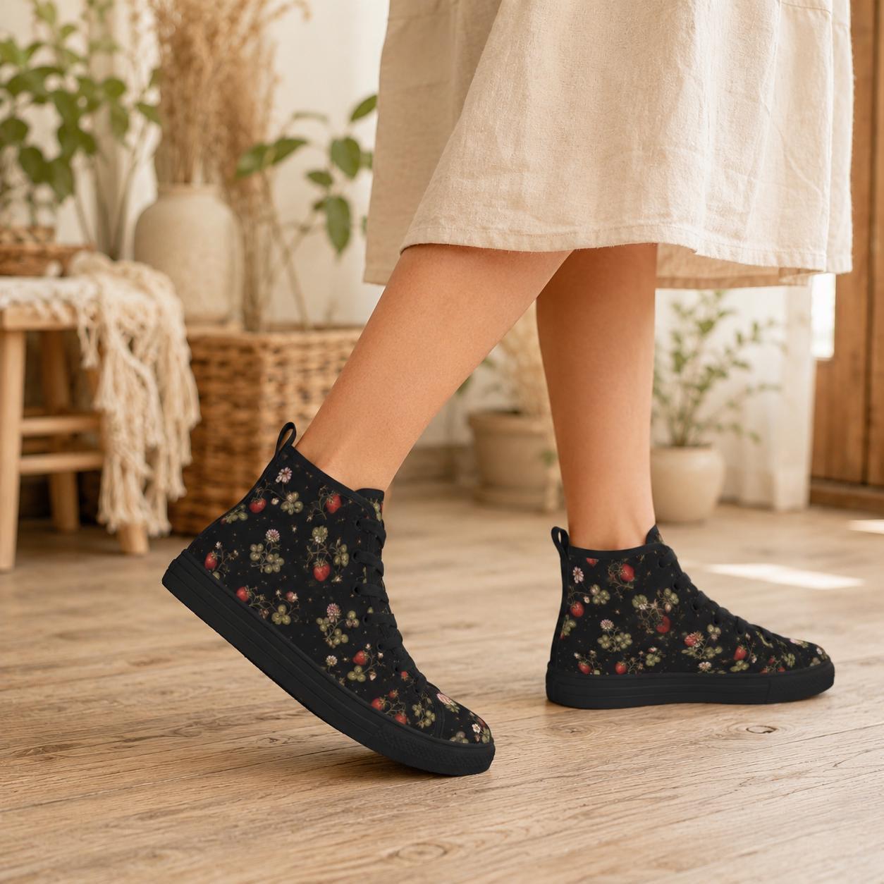 Dark Strawberry Floral High Top Canvas Sneakers, Cottagecore Garden Footwear