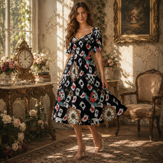 Wonderland Card Print Midi Dress, Queen Hearts Puff Sleeve, Storybook Tea Party Outfit for Women
