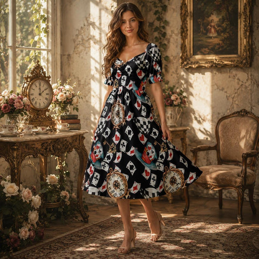 Wonderland Card-Print Midi Dress