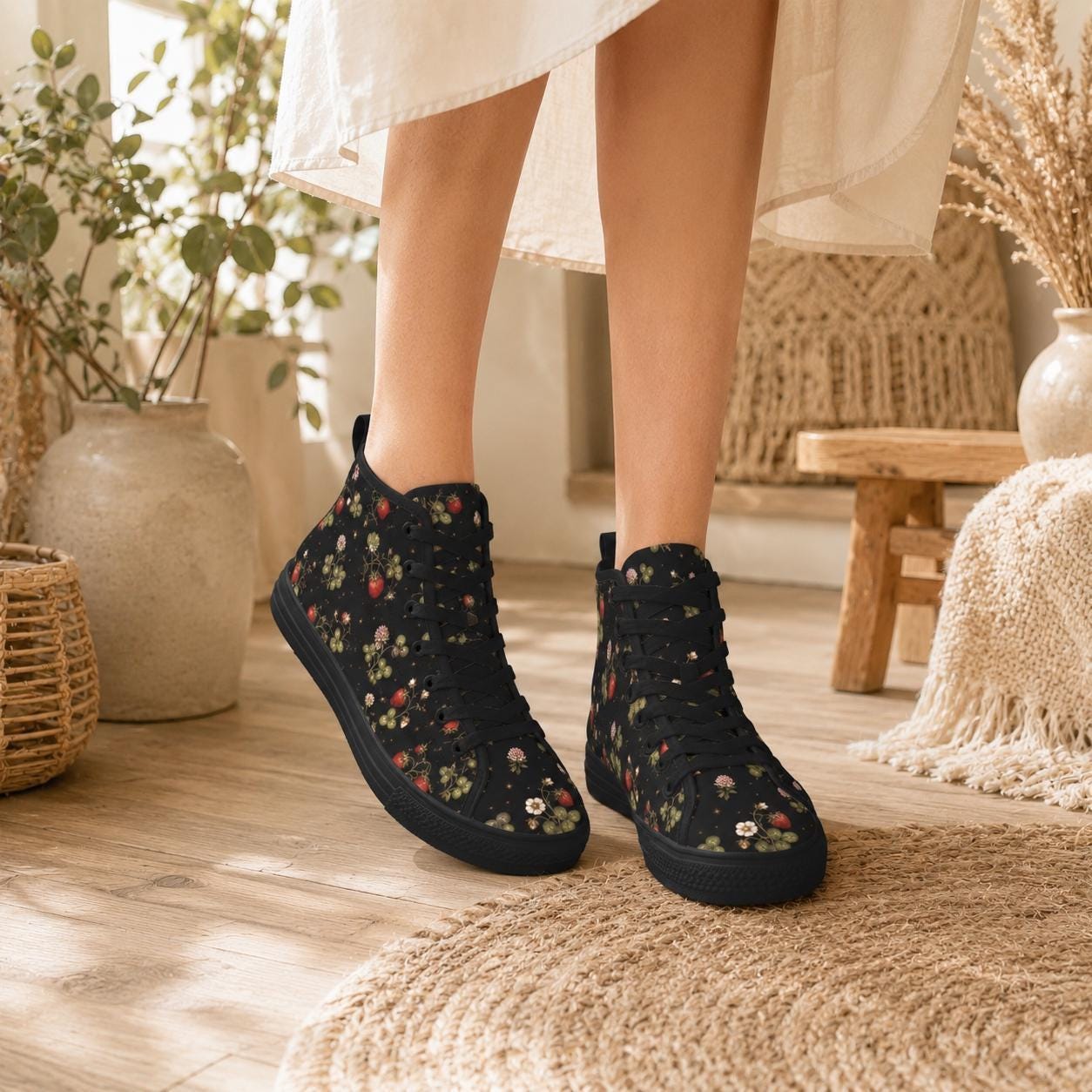 Dark Strawberry Floral High Top Canvas Sneakers, Cottagecore Garden Footwear