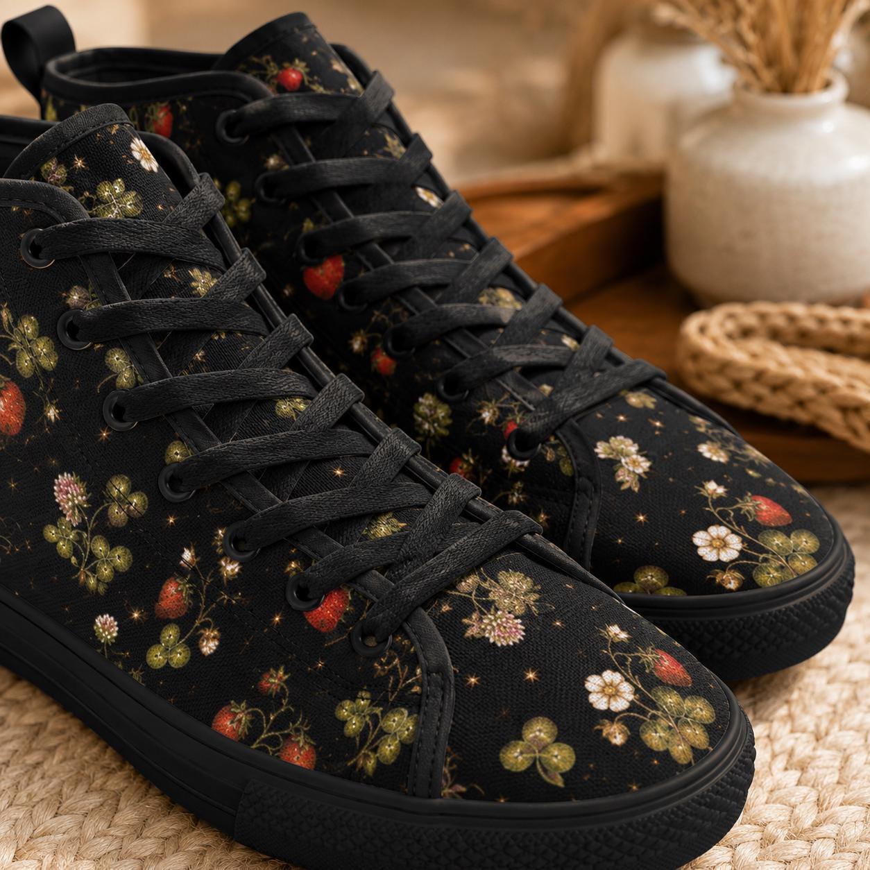 Dark Strawberry Floral High Top Canvas Sneakers, Cottagecore Garden Footwear