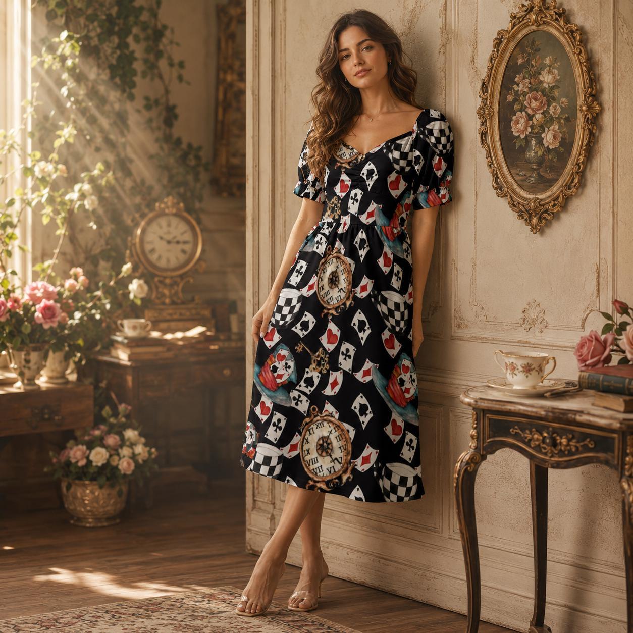 Wonderland Card Print Midi Dress, Queen Hearts Puff Sleeve, Storybook Tea Party Outfit for Women