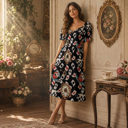 Women Wonderland Playing Card Print Midi Dress, Queen Hearts Puff Sleeve Tea Party Outfit