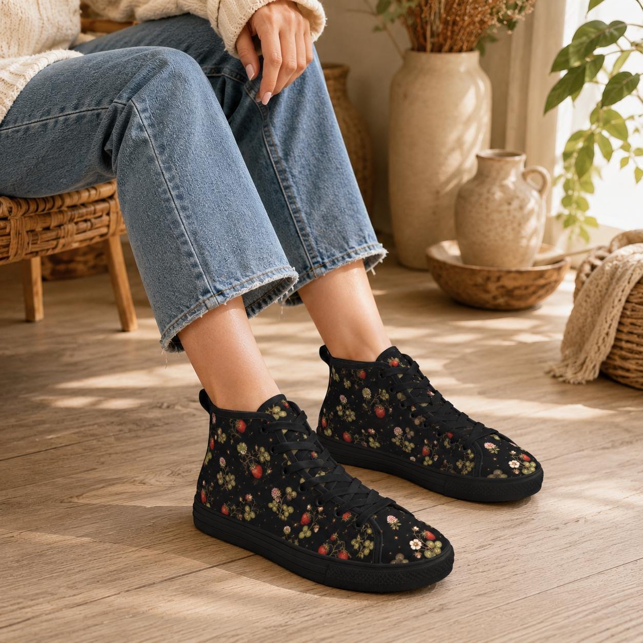 Dark Strawberry Floral High Top Canvas Sneakers, Cottagecore Garden Footwear