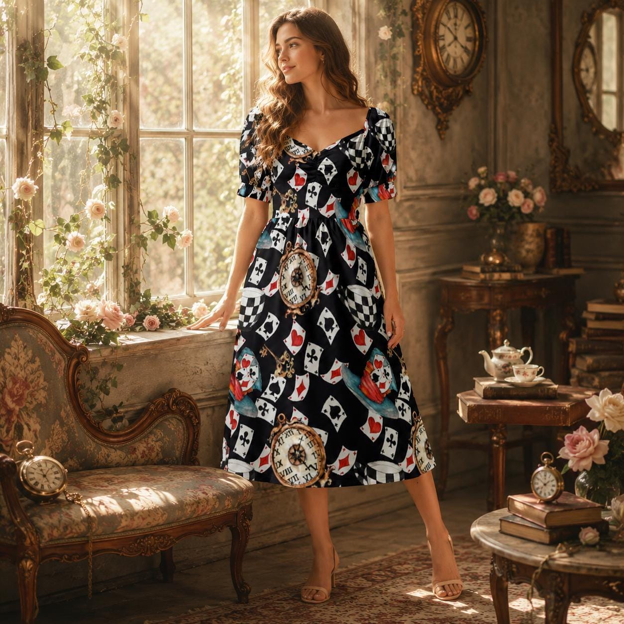 Wonderland Card Print Midi Dress, Queen Hearts Puff Sleeve, Storybook Tea Party Outfit for Women