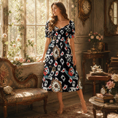 Women Wonderland Playing Card Print Midi Dress, Queen Hearts Puff Sleeve Tea Party Outfit