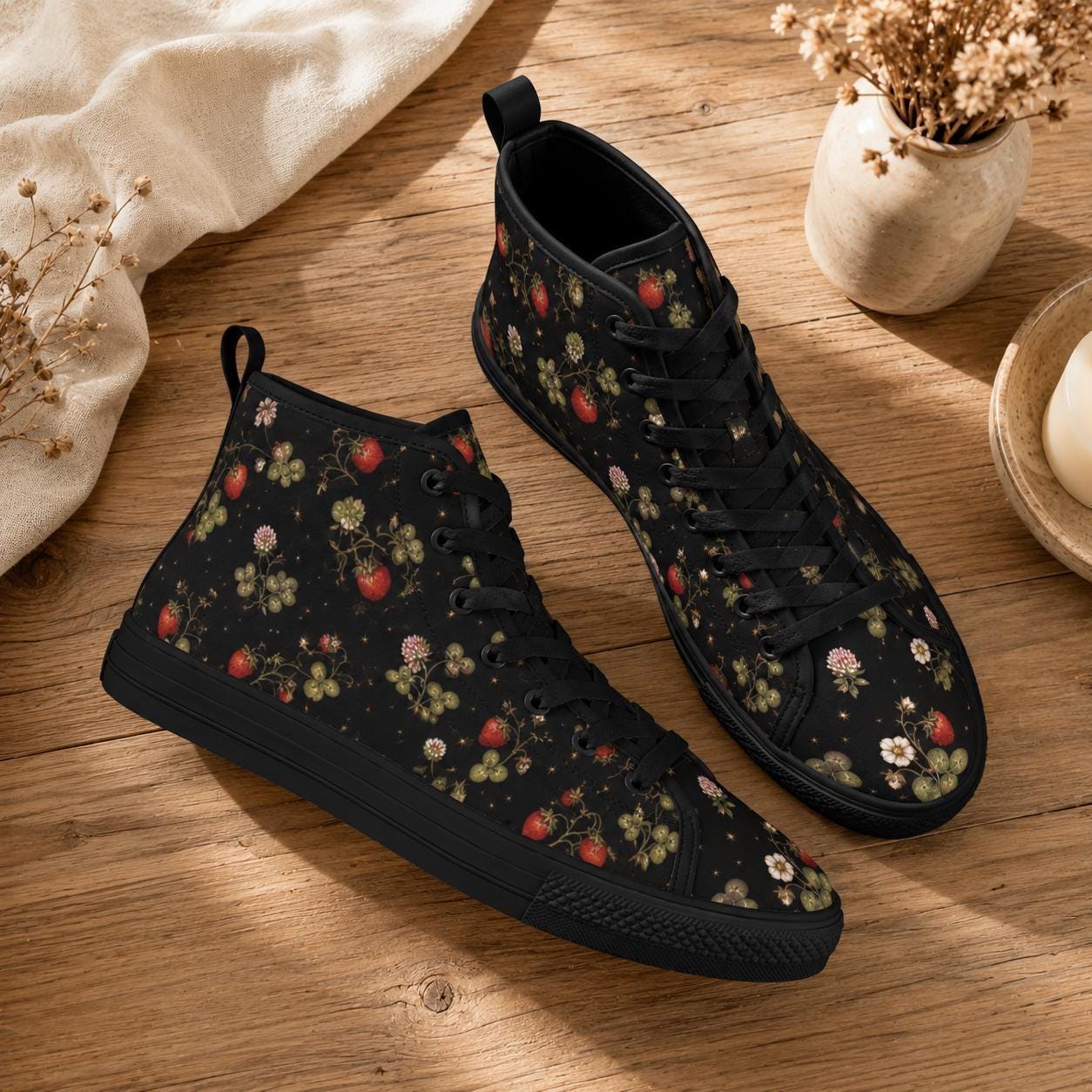 Dark Strawberry Floral High Top Canvas Sneakers, Cottagecore Garden Footwear