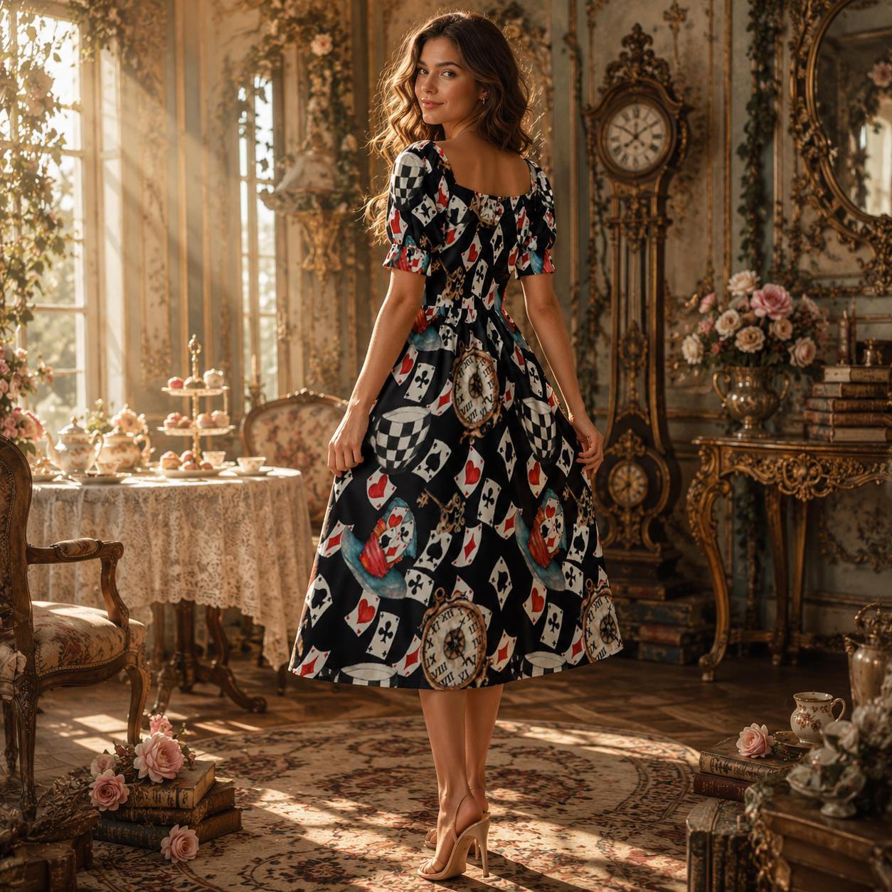Wonderland Card Print Midi Dress, Queen Hearts Puff Sleeve, Storybook Tea Party Outfit for Women