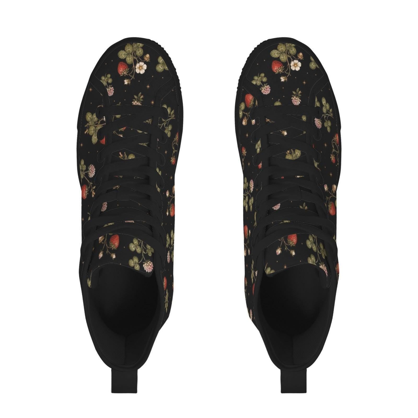 Dark Strawberry Floral High Top Canvas Sneakers, Cottagecore Garden Footwear