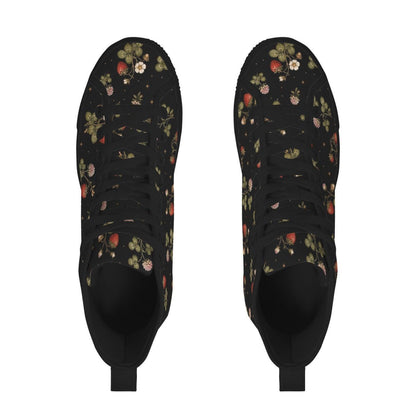 Dark Strawberry Floral High Top Canvas Sneakers, Cottagecore Garden Footwear