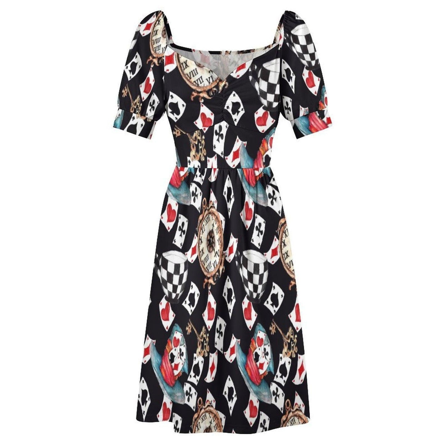 Wonderland Card Print Midi Dress, Queen Hearts Puff Sleeve, Storybook Tea Party Outfit for Women