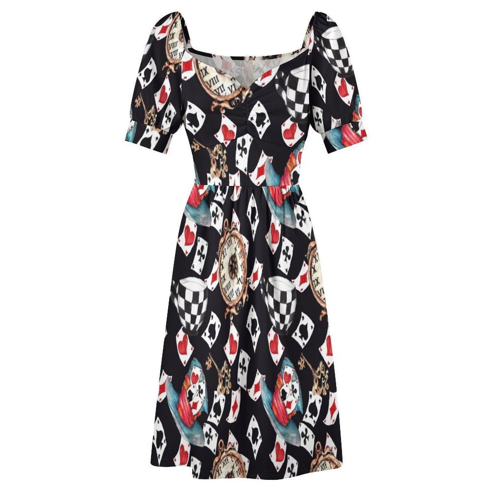 Wonderland Card Print Midi Dress, Queen Hearts Puff Sleeve, Storybook Tea Party Outfit for Women