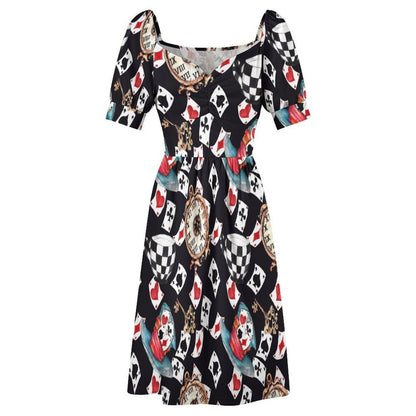 Women Wonderland Playing Card Print Midi Dress, Queen Hearts Puff Sleeve Tea Party Outfit