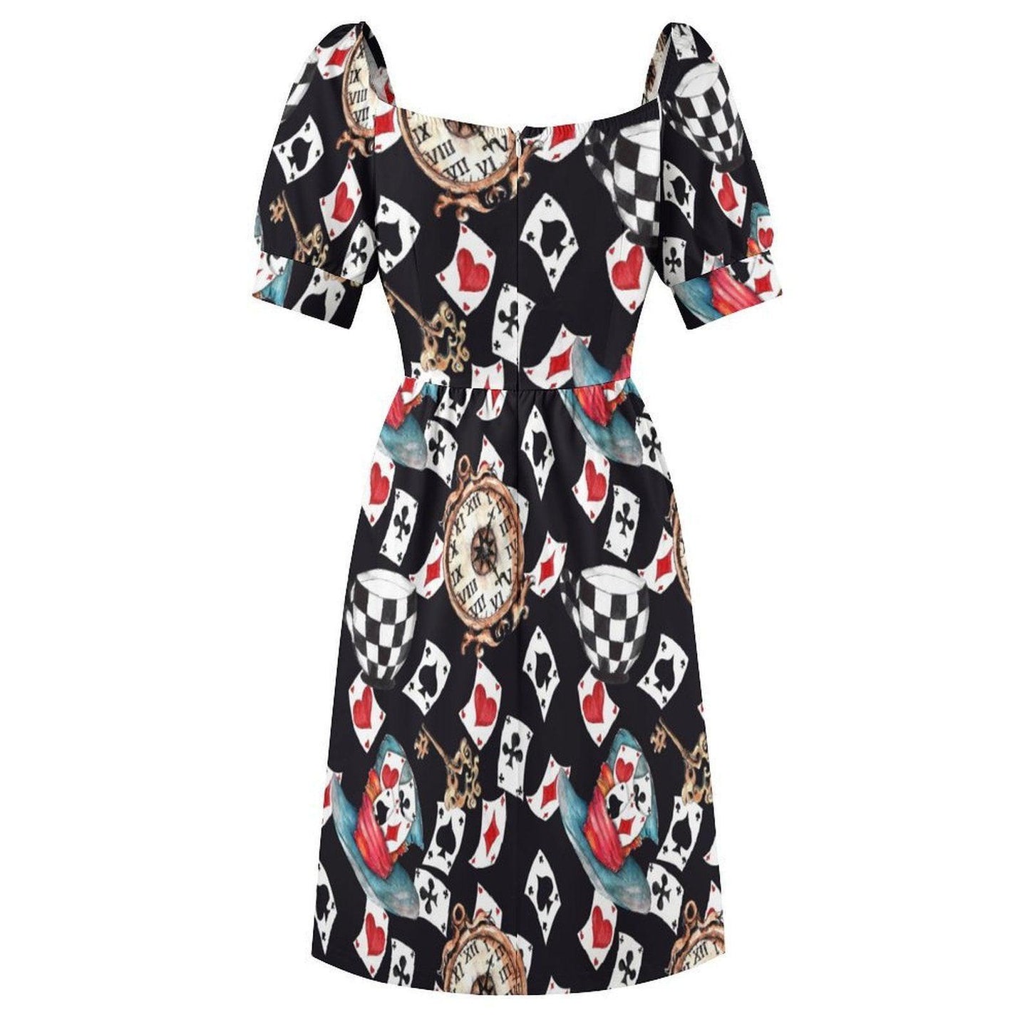 Wonderland Card Print Midi Dress, Queen Hearts Puff Sleeve, Storybook Tea Party Outfit for Women