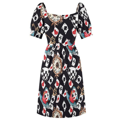 Women Wonderland Playing Card Print Midi Dress, Queen Hearts Puff Sleeve Tea Party Outfit