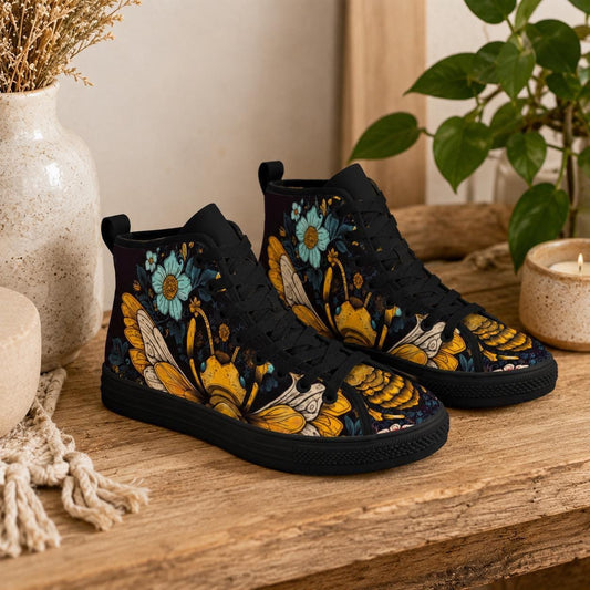 Golden Bumblebee Teal Daisy Folk Art High Top Sneakers, Garden Print Canvas Shoes