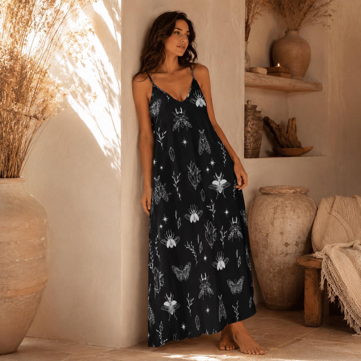 Celestial Insect Maxi Dress Witchy Bug Print Festival Gown