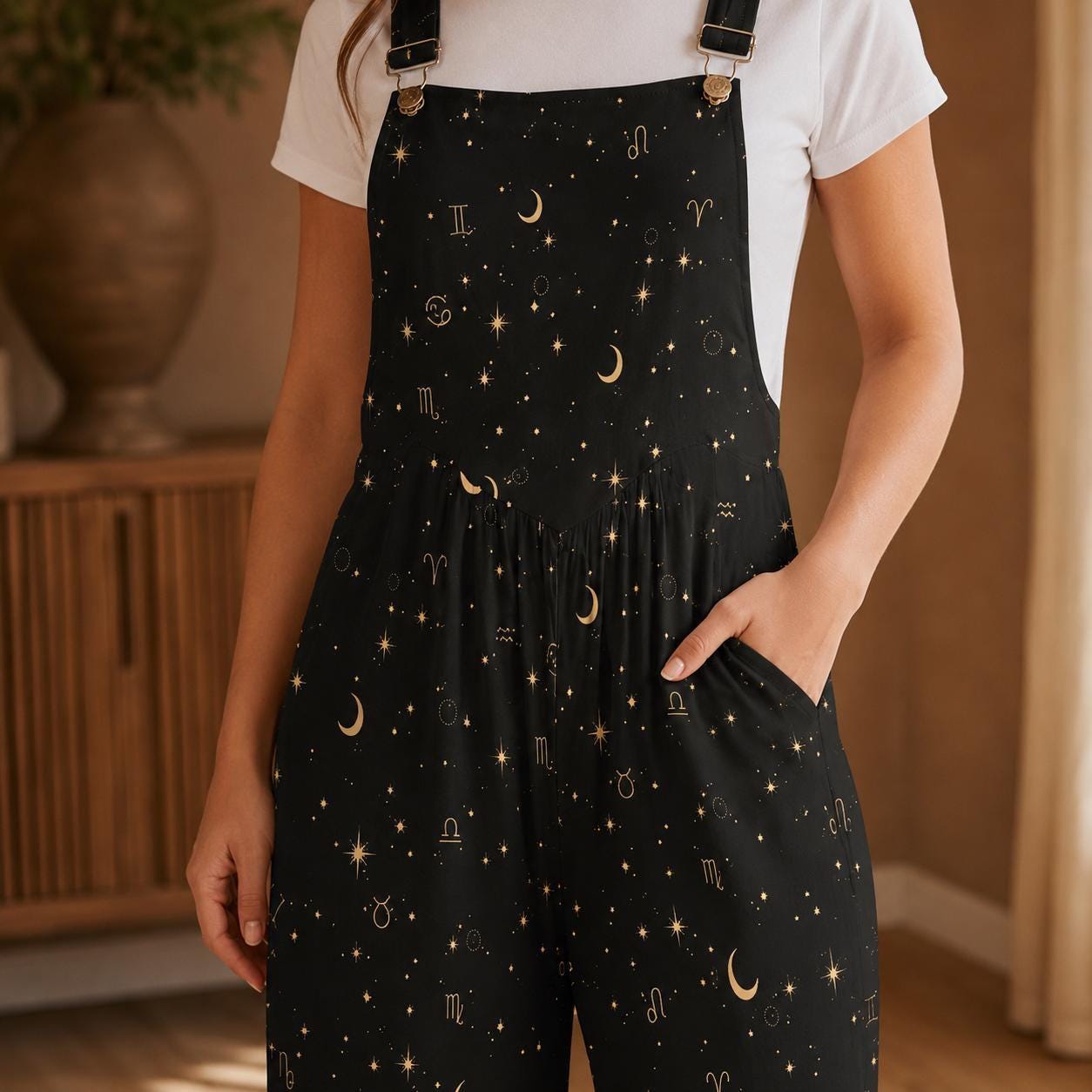 Celestial Moon Wide Leg Jumpsuit, Black Star Print Overalls, Witchy Festival Outfit