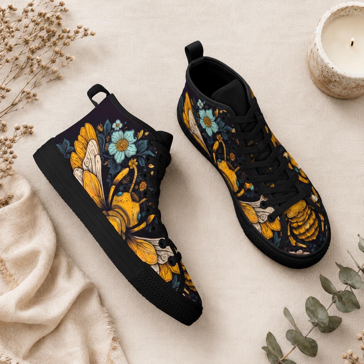 Golden Bumblebee Teal Daisy Folk Art High Top Sneakers, Garden Print Canvas Shoes