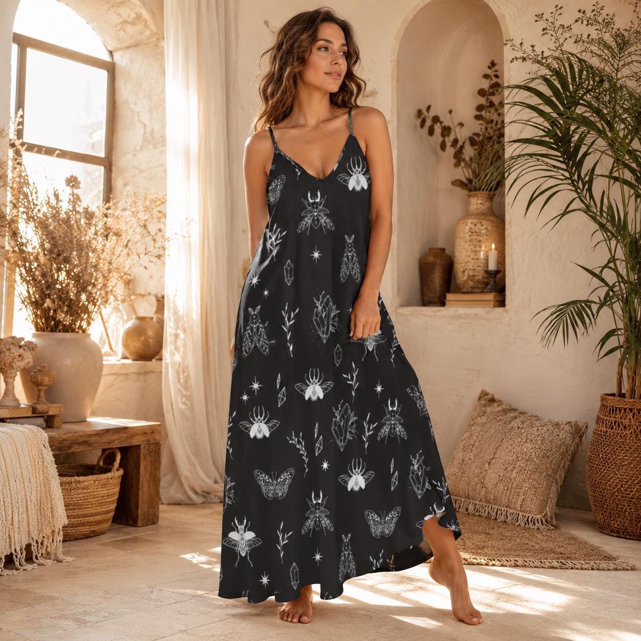 Celestial Insect Maxi Dress Witchy Bug Print Festival Gown