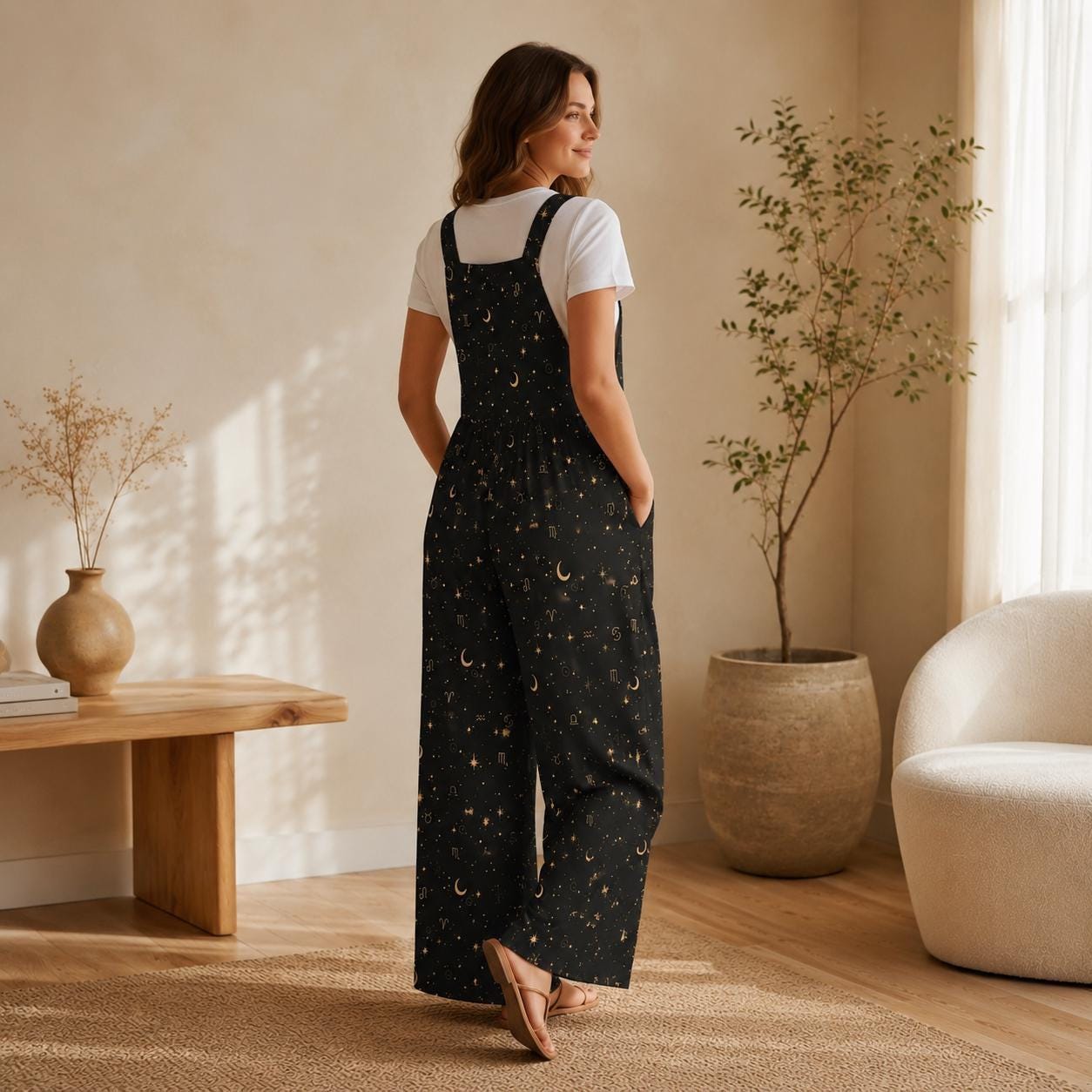 Celestial Moon Wide Leg Jumpsuit, Black Star Print Overalls, Witchy Festival Outfit