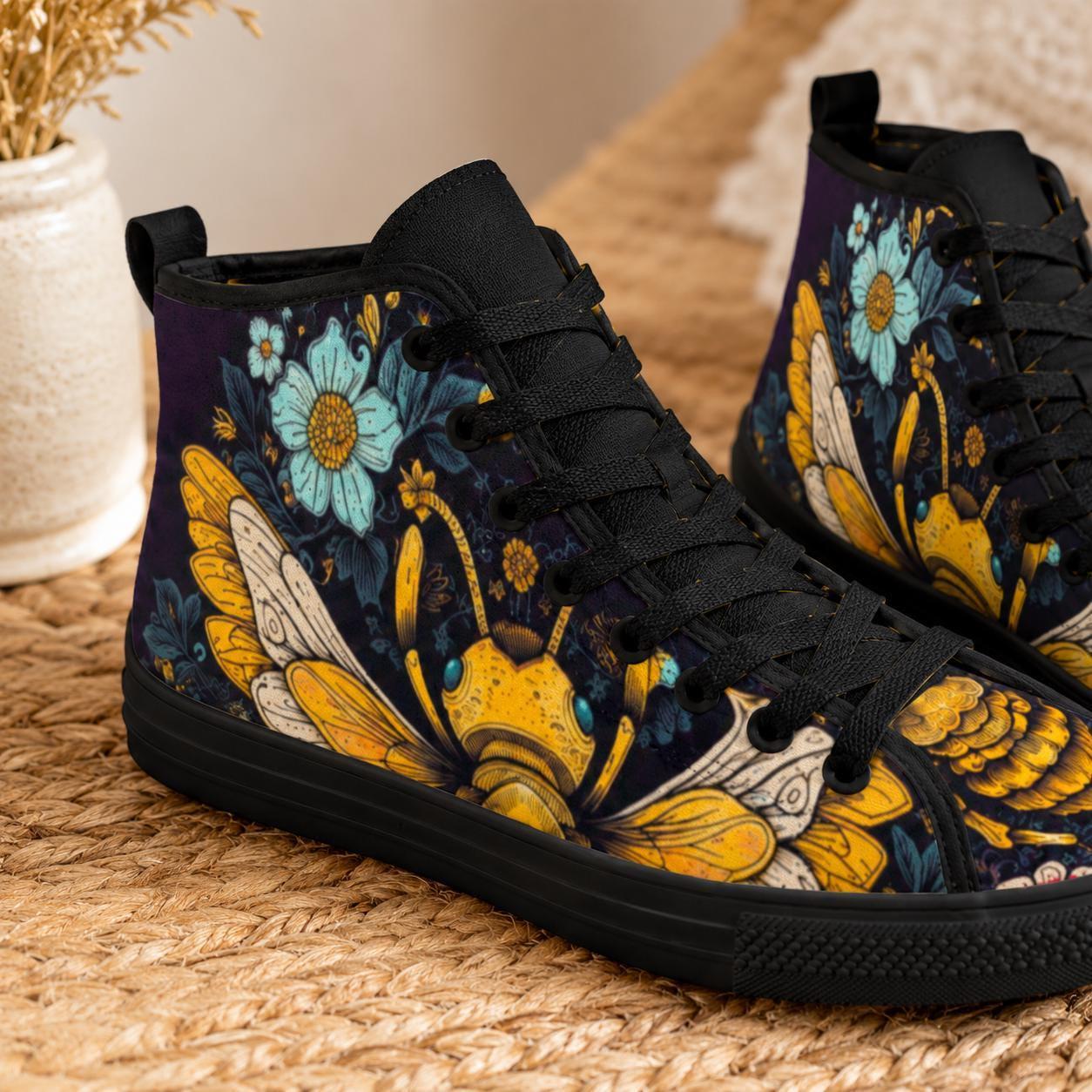 Golden Bumblebee Teal Daisy Folk Art High Top Sneakers, Garden Print Canvas Shoes