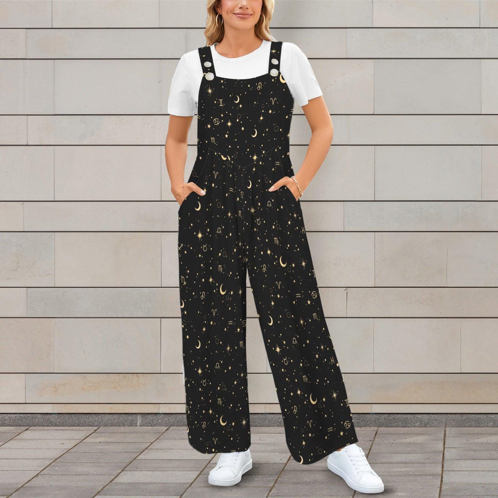 Celestial Moon Wide Leg Jumpsuit, Black Star Print Overalls, Witchy Festival Outfit