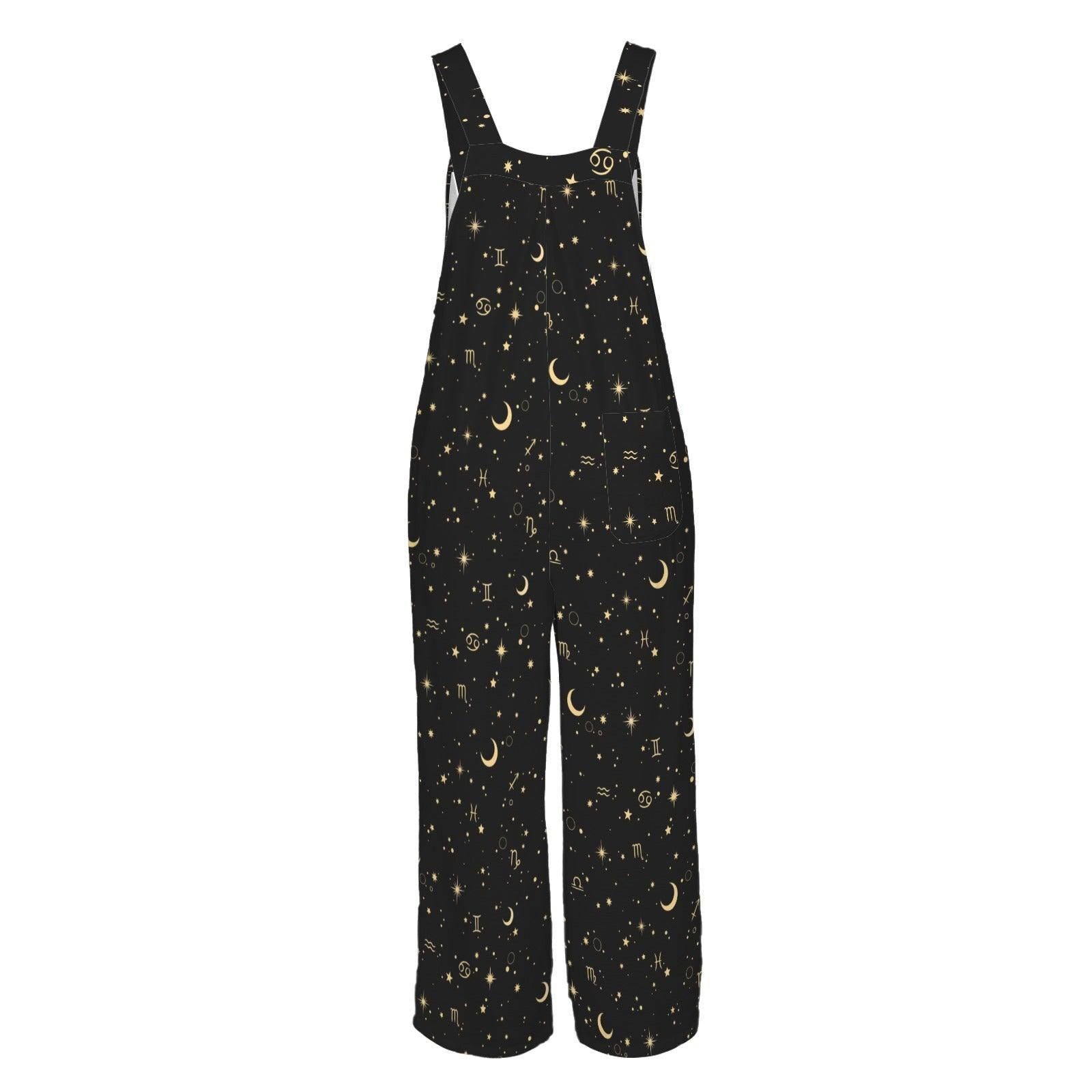Celestial Moon Wide Leg Jumpsuit, Black Star Print Overalls, Witchy Festival Outfit
