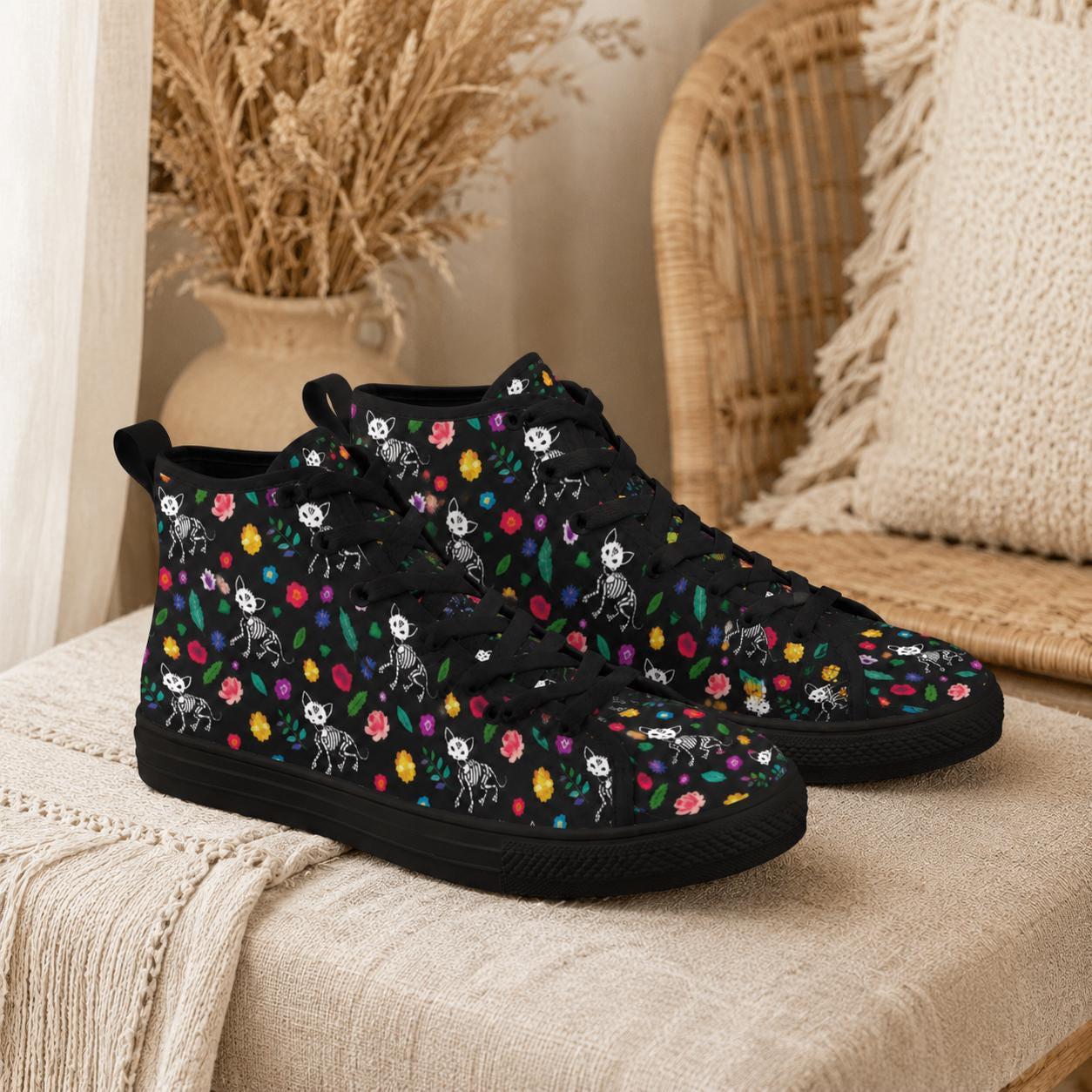 Skull Floral Lace Up Boots, Black Gothic High Top Canvas Shoes, Colorful Bloom Print