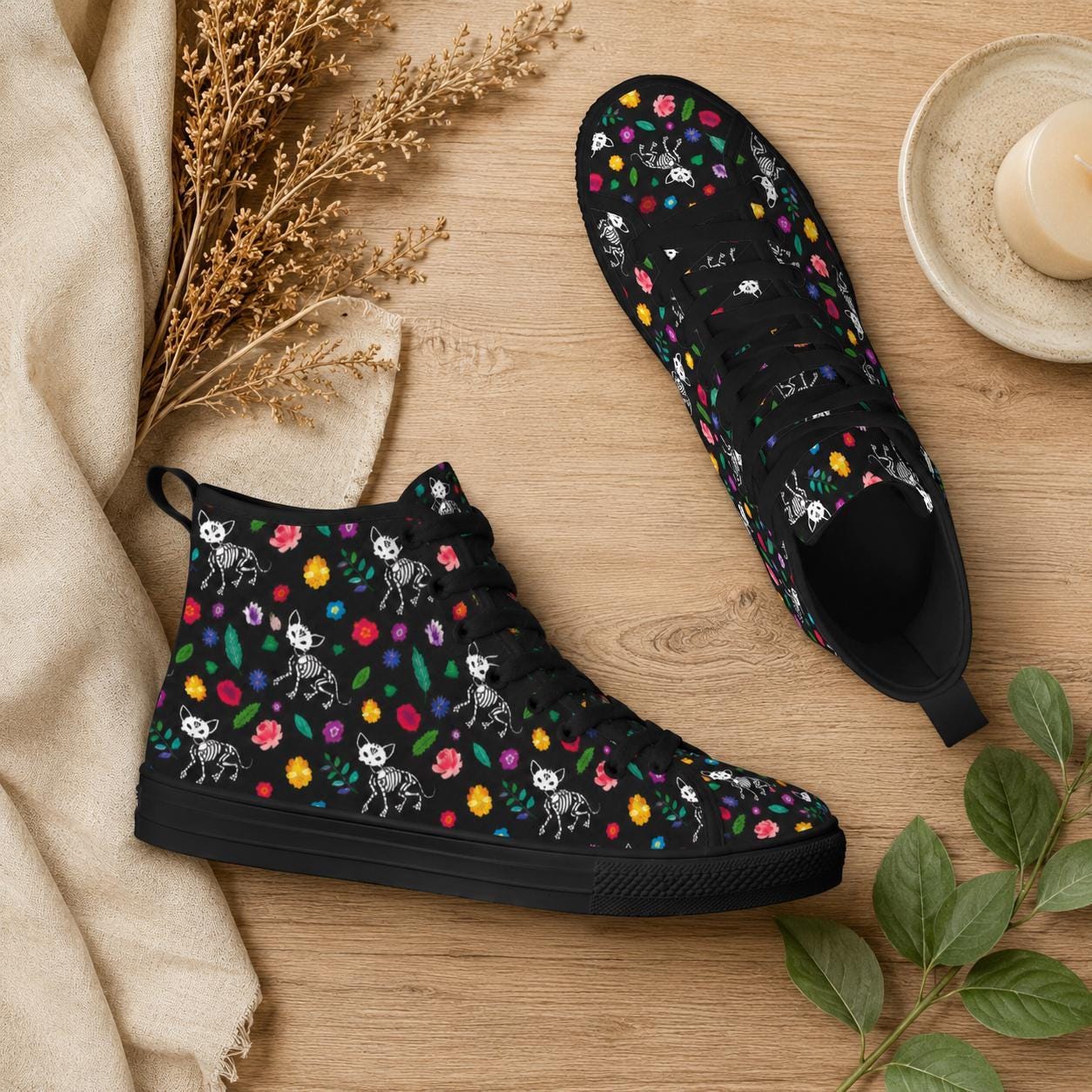 Skull Floral Lace Up Boots, Black Gothic High Top Canvas Shoes, Colorful Bloom Print