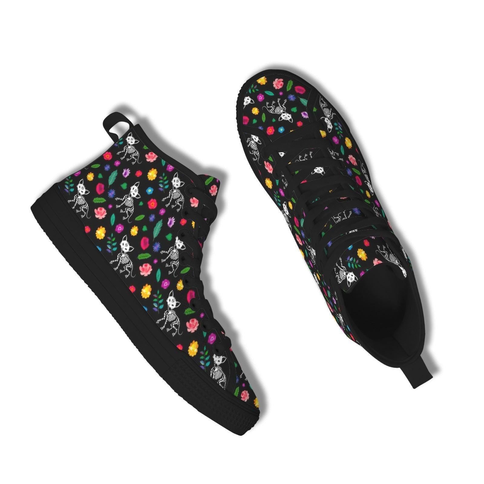 Skull Floral Lace Up Boots, Black Gothic High Top Canvas Shoes, Colorful Bloom Print