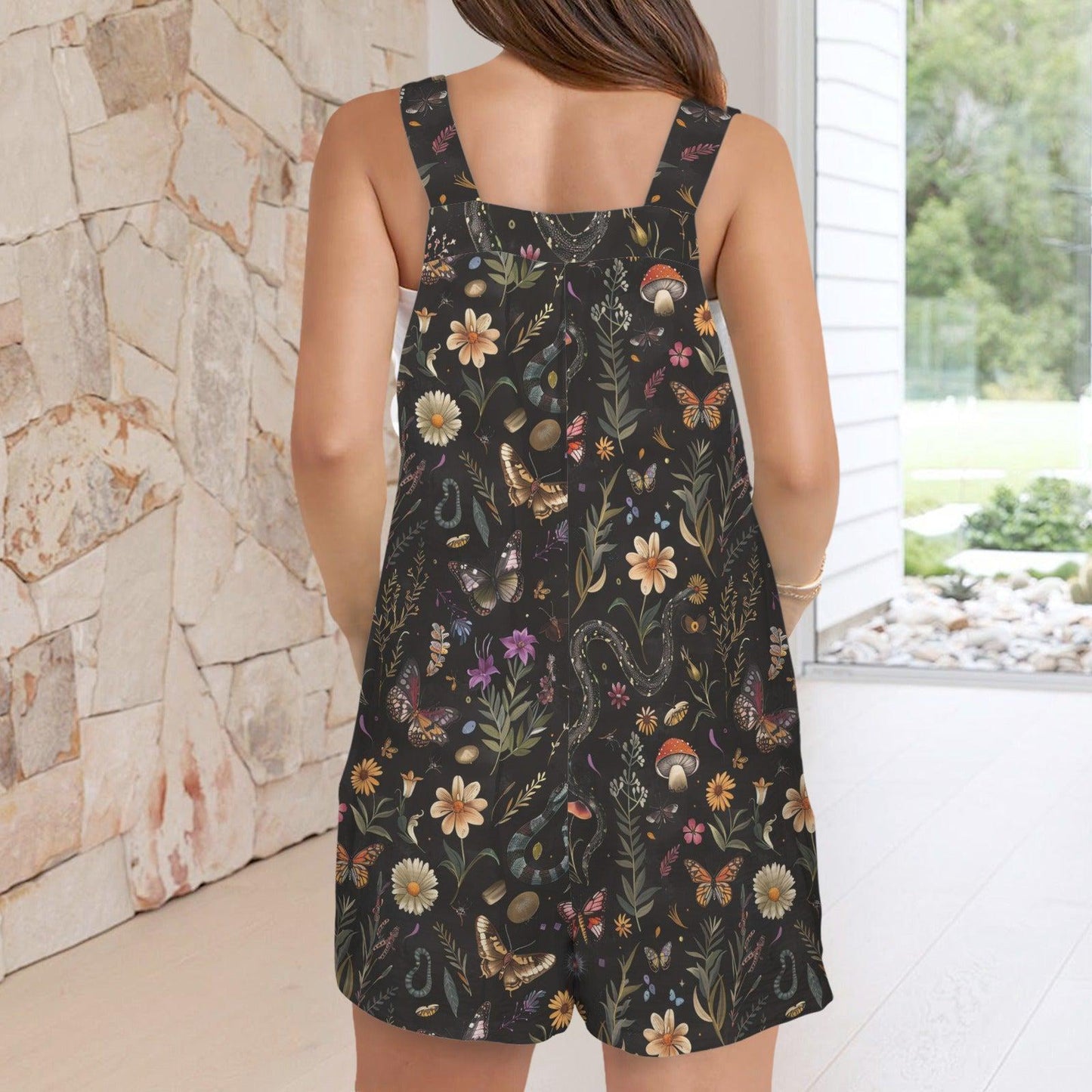 Black Floral Shortalls Romper, Cottagecore Wildflower Summer Playsuit