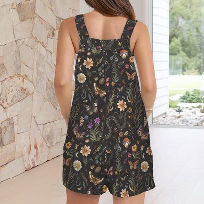 Black Floral Shortalls Romper, Cottagecore Wildflower Summer Playsuit