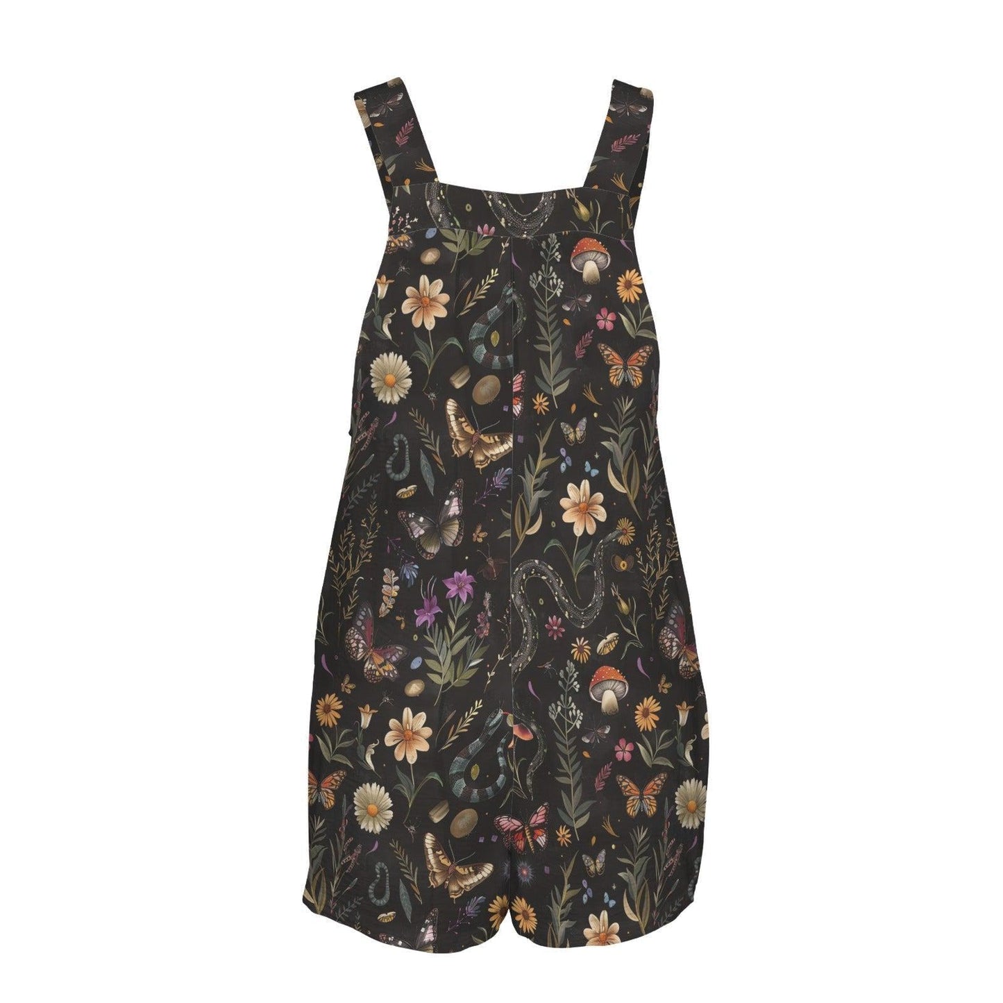 Black Floral Shortalls Romper, Cottagecore Wildflower Summer Playsuit