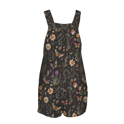 Black Floral Shortalls Romper, Cottagecore Wildflower Summer Playsuit