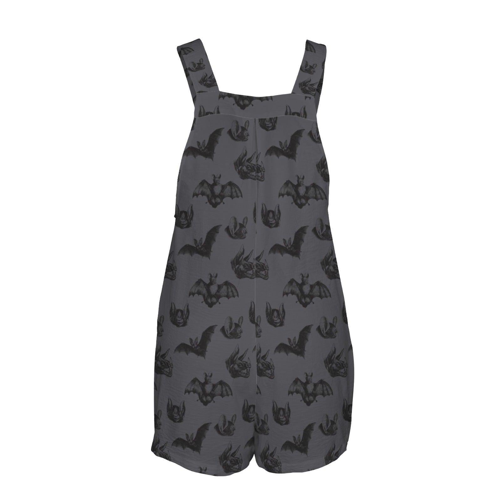 Gothic Bat Print Romper, Witchy Shortalls with Pockets, Dark Gray Summer Outfit