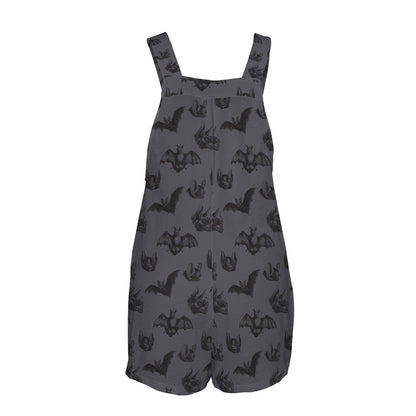 Gothic Bat Print Romper, Witchy Shortalls with Pockets, Dark Gray Summer Outfit